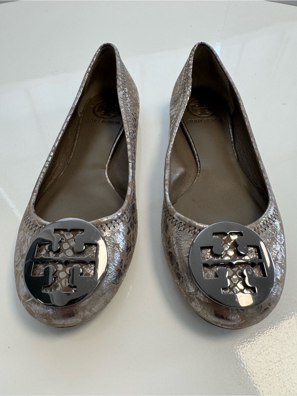 Tory Burch Metallic Silver-Taupe Logo Round-Toe Flats